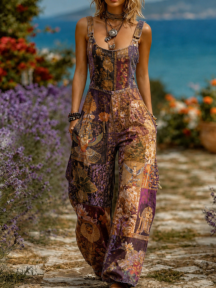 Women's Retro Style Art Print Washed Cotton Denim Patchwork Jumpsuit